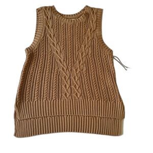 Rachel Zoe SZ M Cable Knit Vest Beige Tan Sleeveless Crew Neck High-Low Hem SOFT